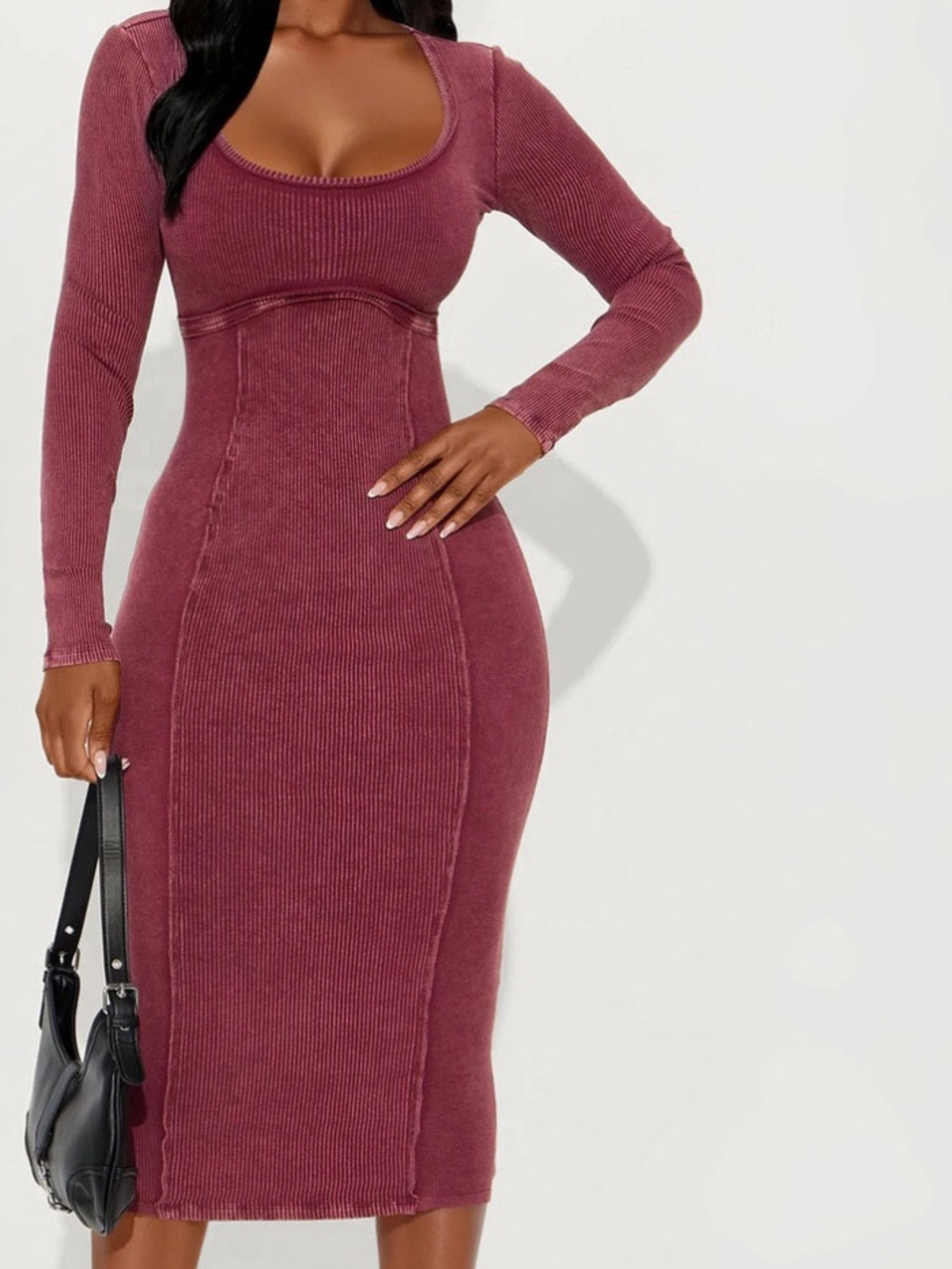 Fashion Nova Wine Ribbed Long Sleeve Midi Dress